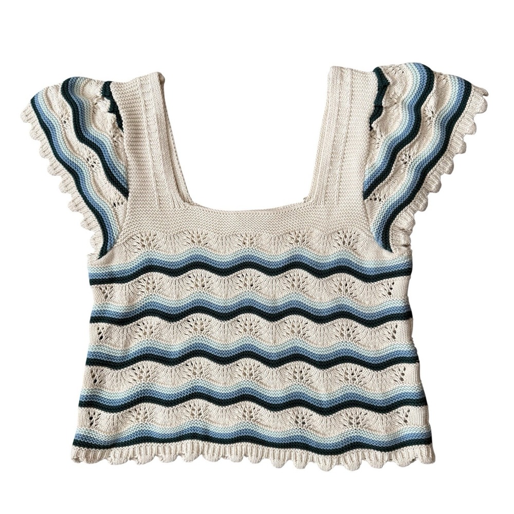 Striped Crotchet Top Womens XL Wavy Blue Coastal Cottagecore Grannycore Feminine